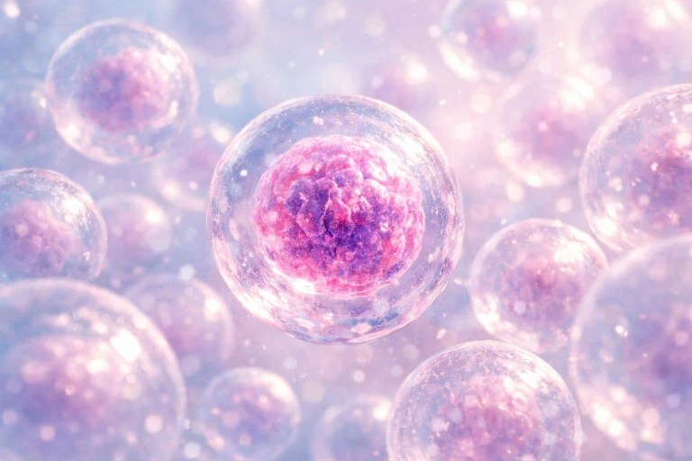 Close-up microscopic view of translucent spherical cells on a pale white background. A prominent central cell shows detailed swirling pink and purple internal structures like a nucleus; surrounding smaller cells fade into the background, creating depth. Soft, diffused lighting highlights gradients from light outer layers to darker centers and gives a smooth, glass-like texture, producing a tranquil, dreamlike microscopic scene.